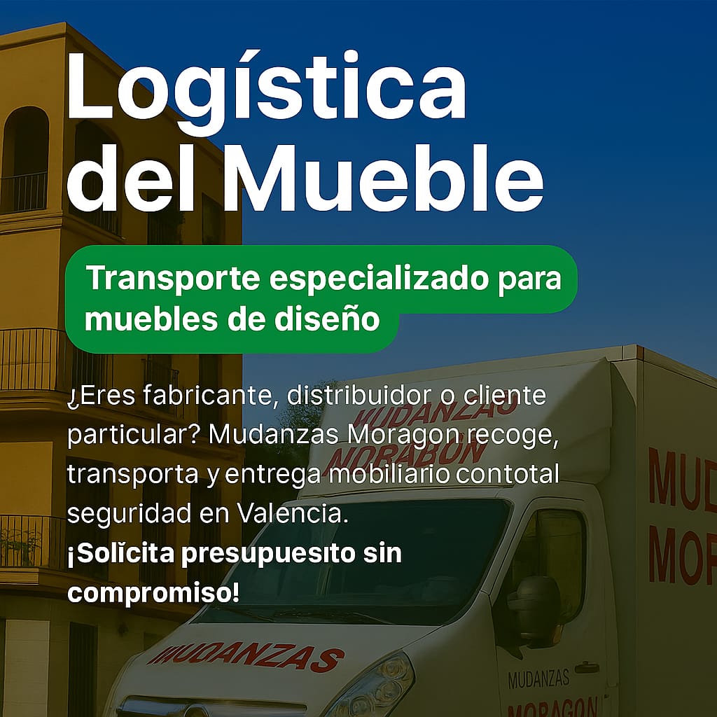Camión de Mudanzas Moragón estacionado frente a edificio en Valencia, con texto promocional sobre logística de muebles de diseño.