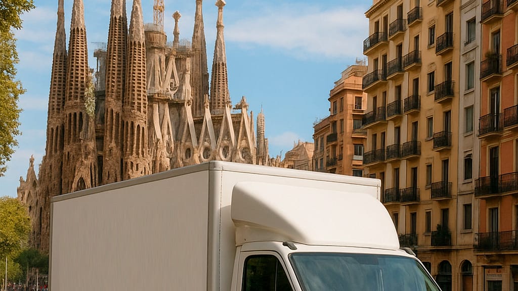 Camión de Mudanzas Moragon en carretera, representando el servicio de mudanzas nacionales de Valencia a Barcelona.