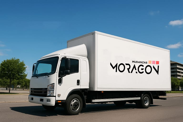 Camión de Mudanzas Moragon en carretera, representando el servicio de mudanzas nacionales de Valencia a Madrid.